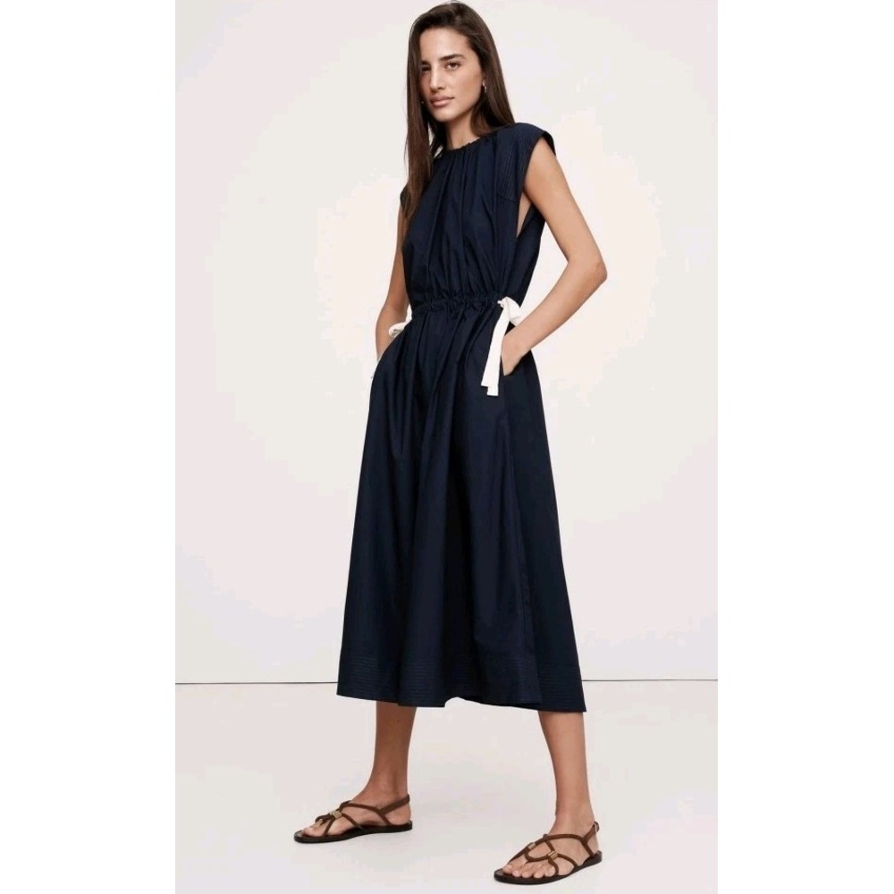 Banana Republic Cotton Poplin Tie-Waist Midi Dress Navy Blue M Scandi Style